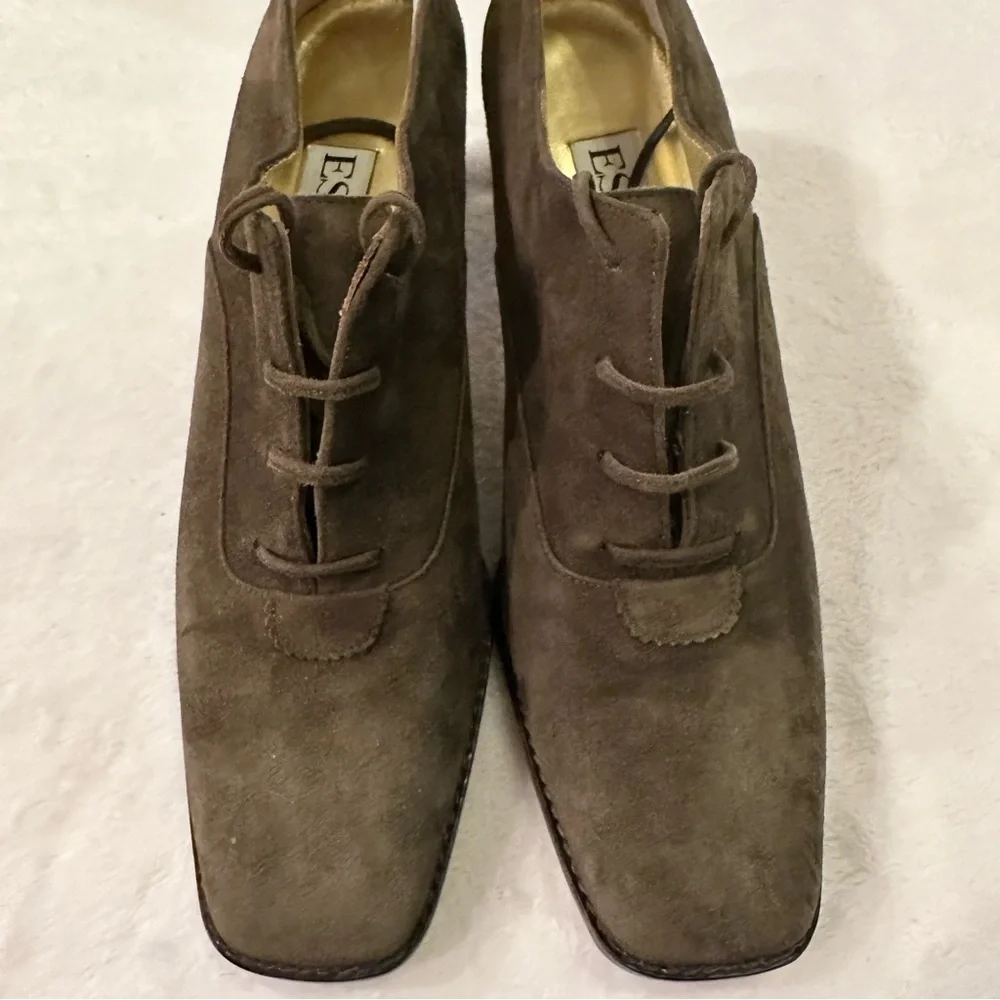 Vintage ESCADA Green/Brown Suede Lace-Up Bootie Funky Heel Pumps 8 AA Narrow